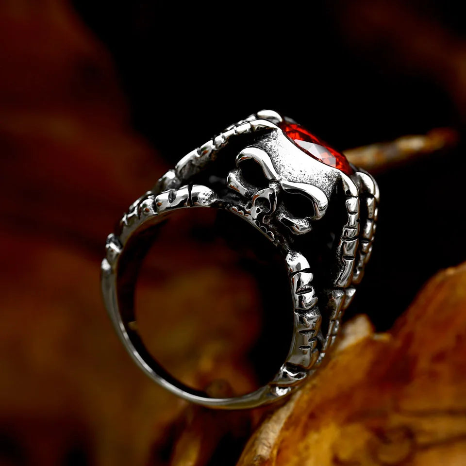 BEIER 2023 Updated 316L Stainless Steel  Skull Hand Bones Ring Paw Ring With Red Stone Punk Biker Jewelry Wholesale Gift