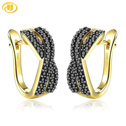 Natural Black Spinel Solid Silver S925 Clip Earring Yellow Gold Plated Women Classic Style Jewelry Birthday Christmas Gifts Default Title