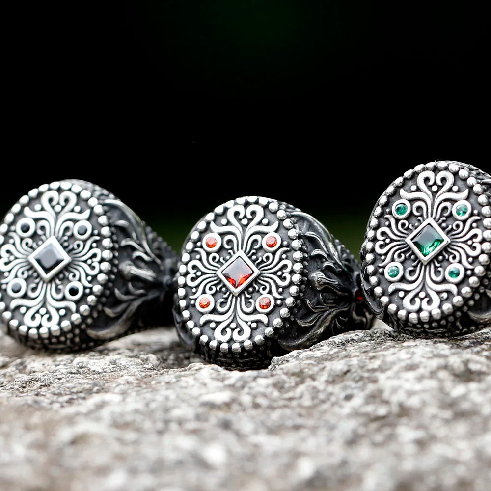 2022 New Unique Design Stainless Steel Turkish Stone Ring Vintage Pattern Men's Ring Retro National Style Jewelry Gift