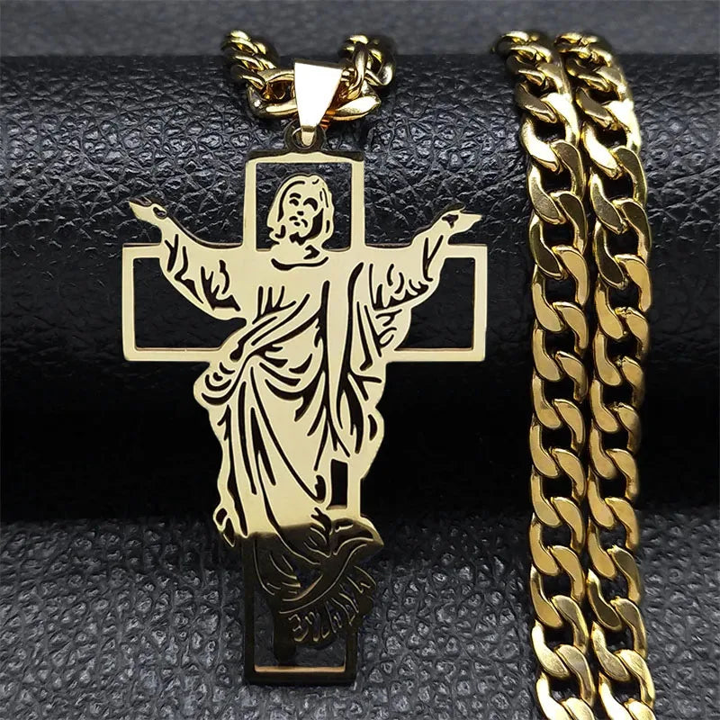 Hip Hop Punk Crown of Thorns Jesus Cross Necklace for Men Stainless Steel Gold Plated Crucifix Pendant Necklaces Jewelry N8052 E 60cm NK GD