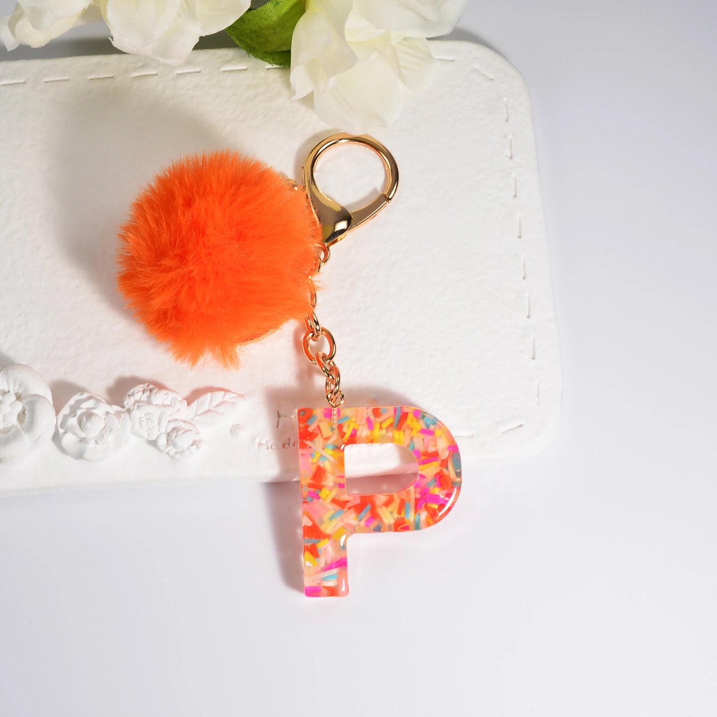 New Orange Stripe Filled Initial Letter Keychain With Orange Pom-Pom Women Girls Sweet Bag Purse Charm A-Z 26 Letters Pendant SKC-Y05-P CHINA