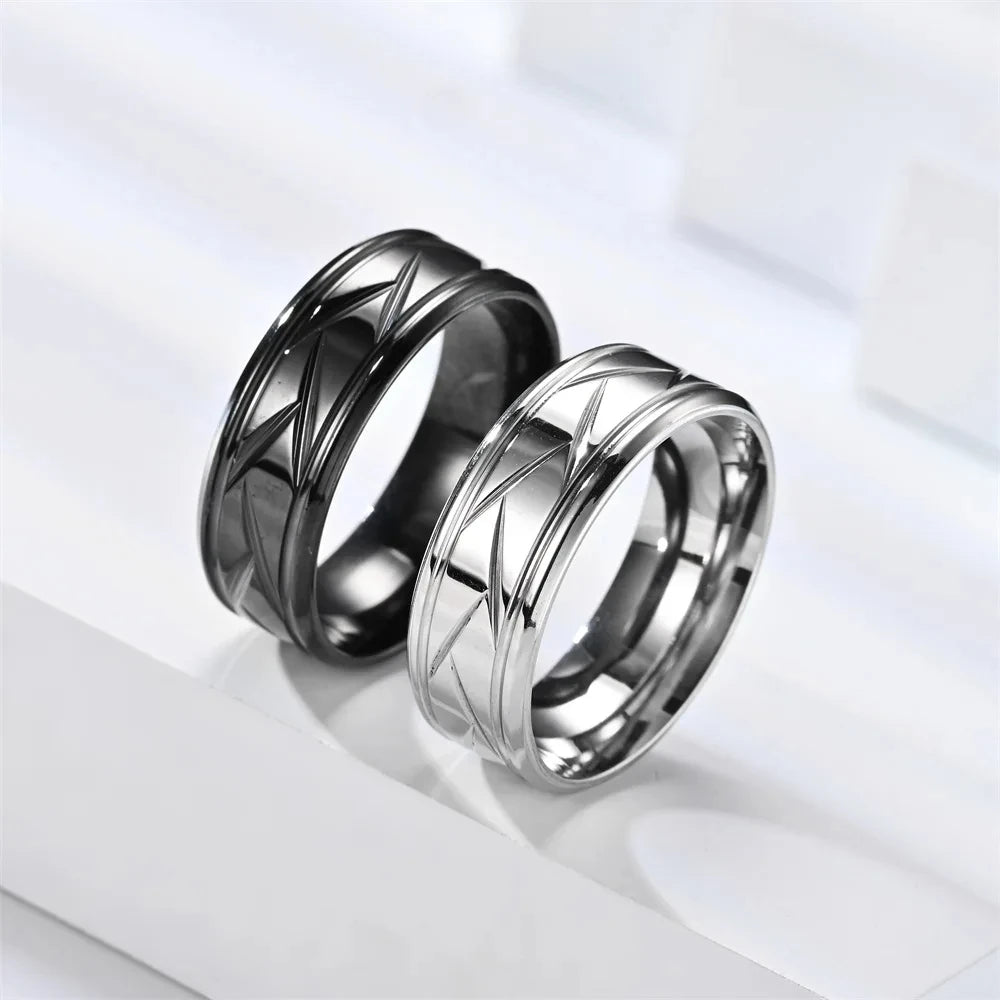 Fashion Men’s Silver Color Black Stainless Steel Ring Groove Multi-Faceted Rings for Men Women Engagement Ring Anniversary Gifts
