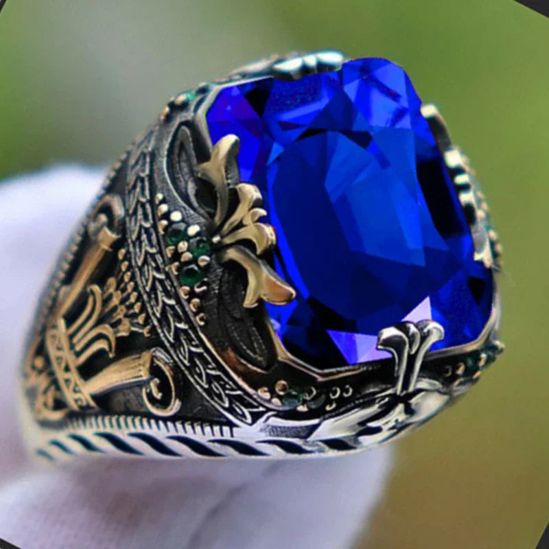 Inlaid Emerald Men's Luxury Ring Personality Retro Domineering Gem Sapphire Ring To Attend The Banquet Party Business Jewelry