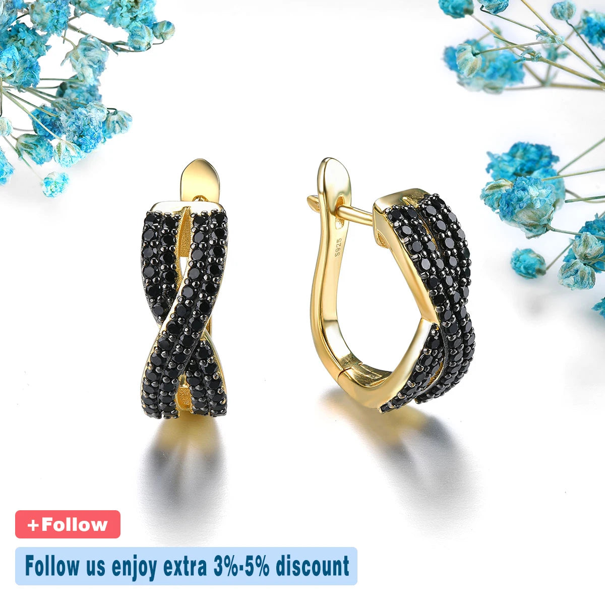 Natural Black Spinel Solid Silver S925 Clip Earring Yellow Gold Plated Women Classic Style Jewelry Birthday Christmas Gifts