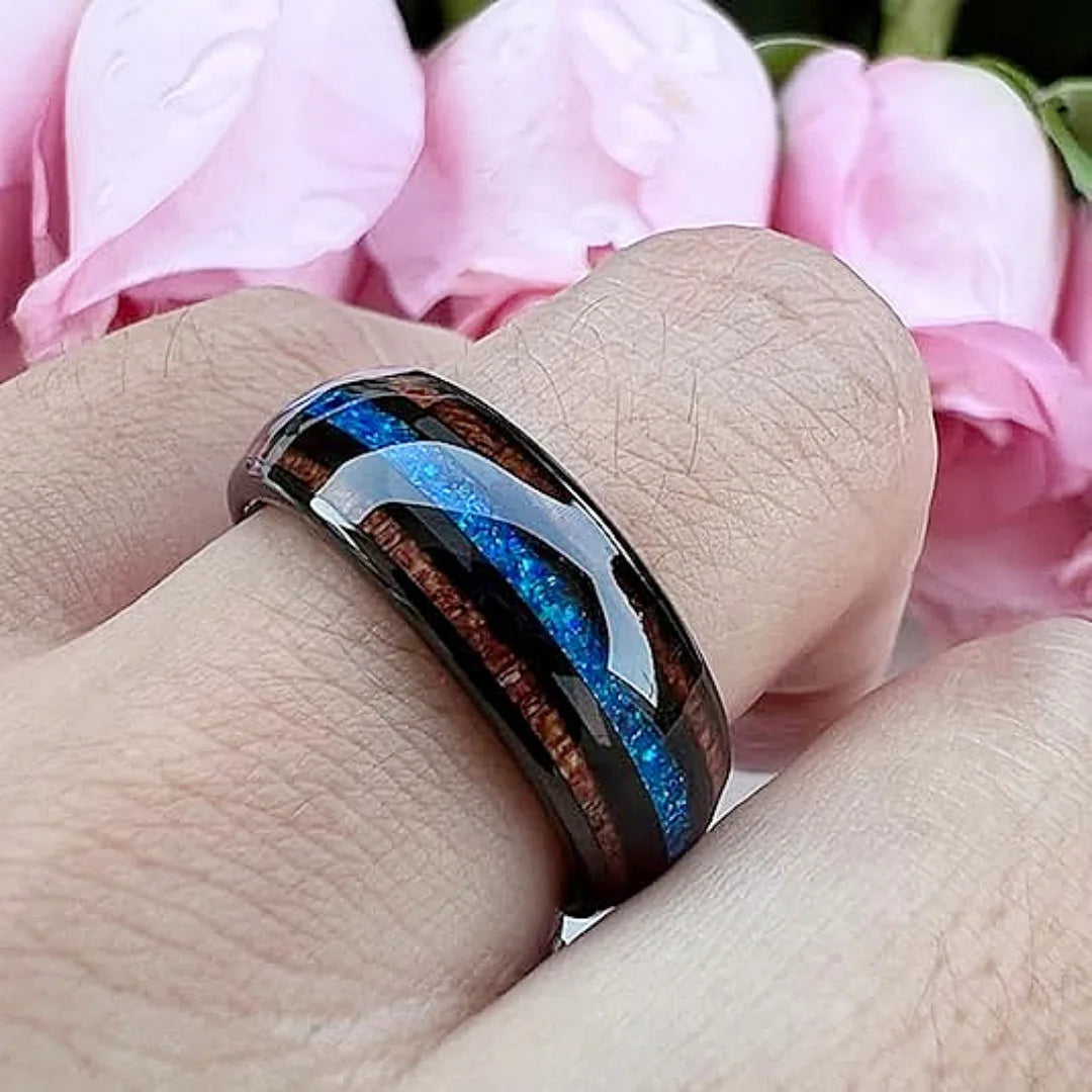 8MM Unique Blue Opal Inaly Men's Black Stainless Steel Rings