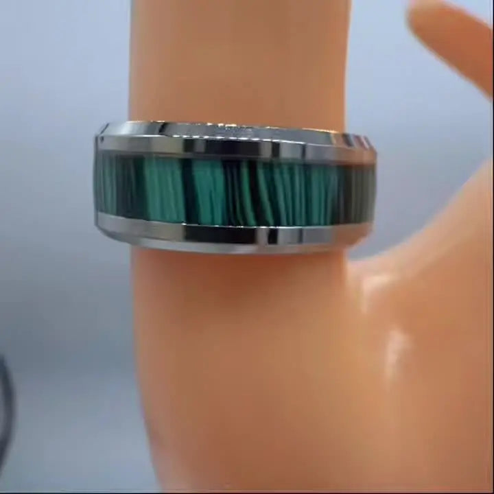 8MM Imitation of Peacock Stone Inlay Men's Stainless Steel Rings Silver Color Wedding Band Jewelry for Men Steel Ring