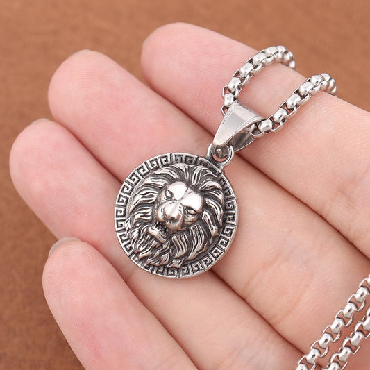 Wolf & Lion Pendant Necklace with Norse Runes Vintage Style Viking Tribal Chain for Men, Punk Biker Stainless Steel Jewelry Gift