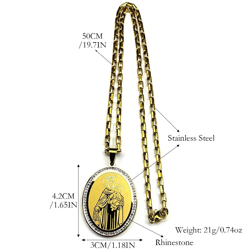Virgin Mary Baby Jesus Pendant Necklace For Women Men Stainless Steel Rhinestones Gold Color Catholic Guadalupe Chain Jewelry