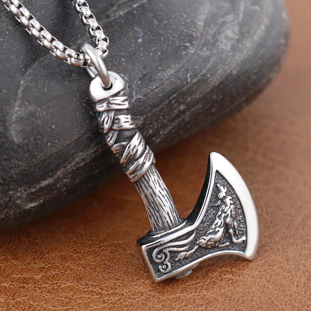 Retro Viking Wolf and Odin Crow Axe Pendant Boutique Stainless Steel Nordic Necklace for Birthday Gift Popular Jewelry