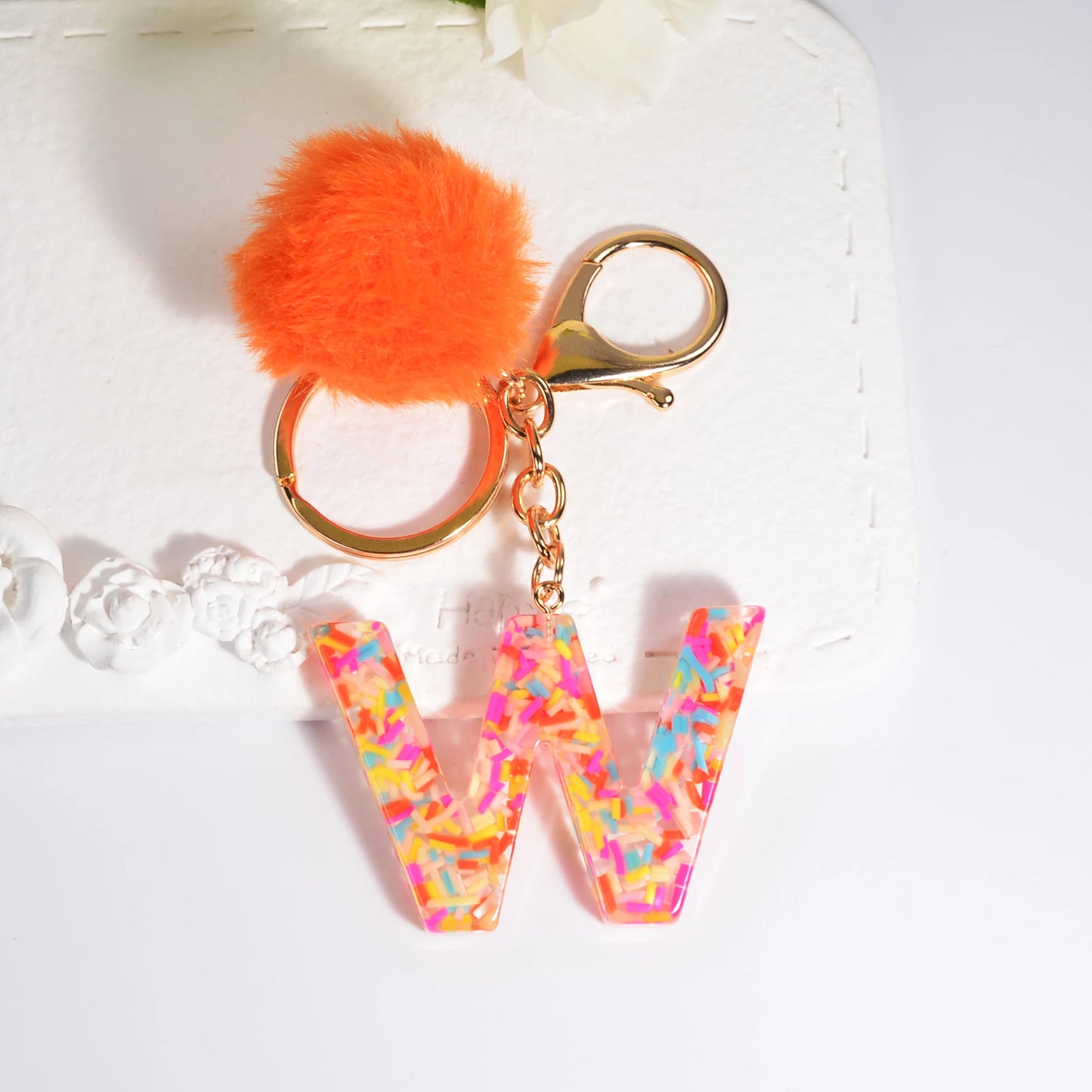 New Orange Stripe Filled Initial Letter Keychain With Orange Pom-Pom Women Girls Sweet Bag Purse Charm A-Z 26 Letters Pendant SKC-Y05-W CHINA
