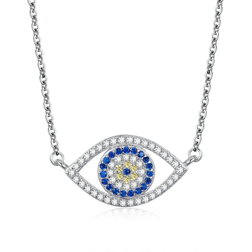 Kaletine Authentic 925 Sterling Silver Evil Eye Necklace Lucky Blue Eyes Punk Pendant Necklaces for Women Collares Fine Jewelry White Gold Color