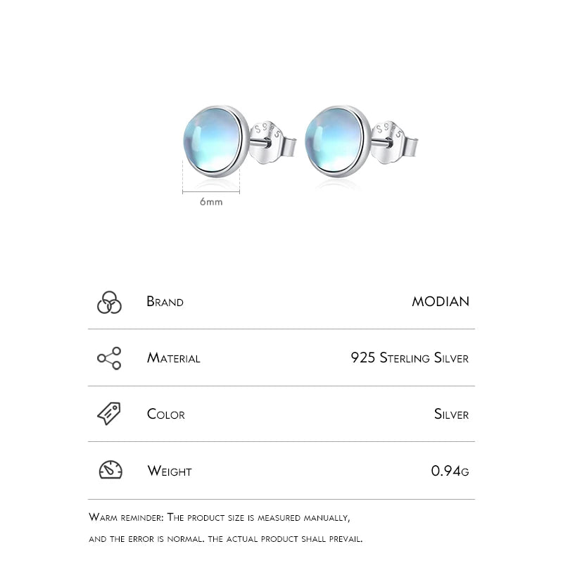 Modian 925 Sterling Silver Round Exquisite Moonstone 4 5 6 MM Stud Earrings Platinum Plated Charm Ear Studs For Women Jewelry