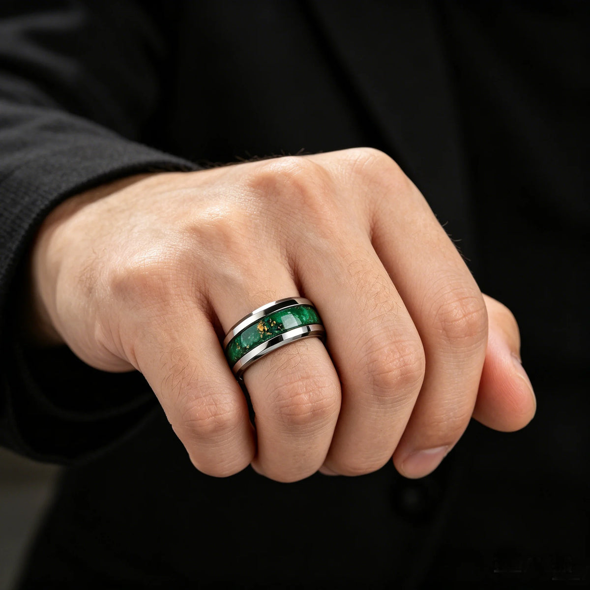 With Dark Green Synthetic White Stone Rings, 8mm Cosmic Starry Sky Stainless Steel Men Ring, Wedding Band Jewelry Drop Ship