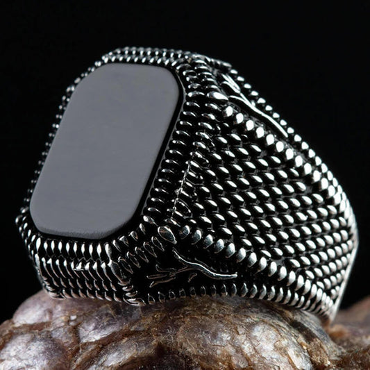 Retro Handmade Turkish Signet Ring Vintage Men Ancient Silver Color Pattern Ring Inlay Black Zircon Party Punk Motor Biker Ring