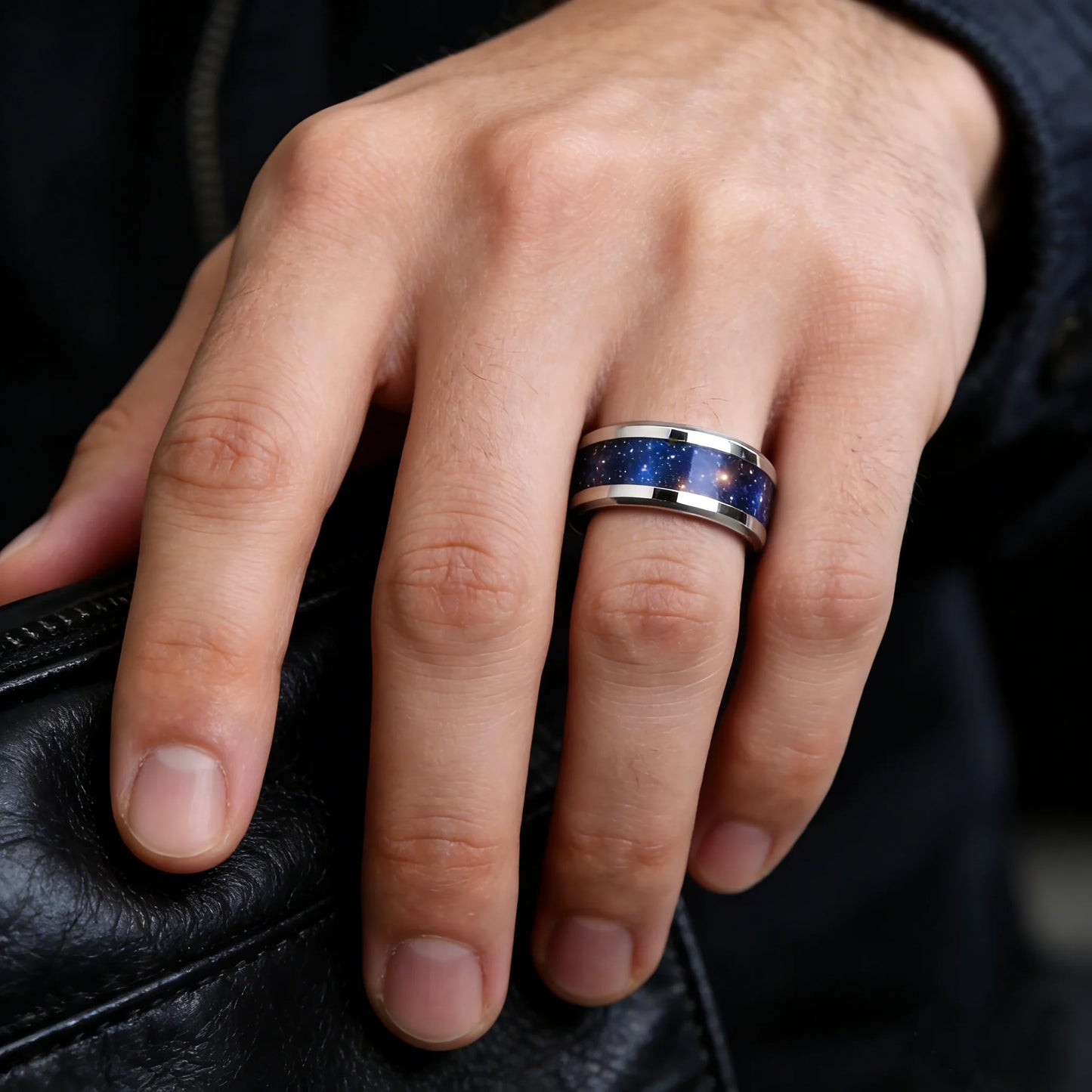 With Orion Nebula Opal Galaxy Starry Sky Design Ring Fashion 8mm Silver Color Men Stainless Steel Rings for Men Wedding Jewelry