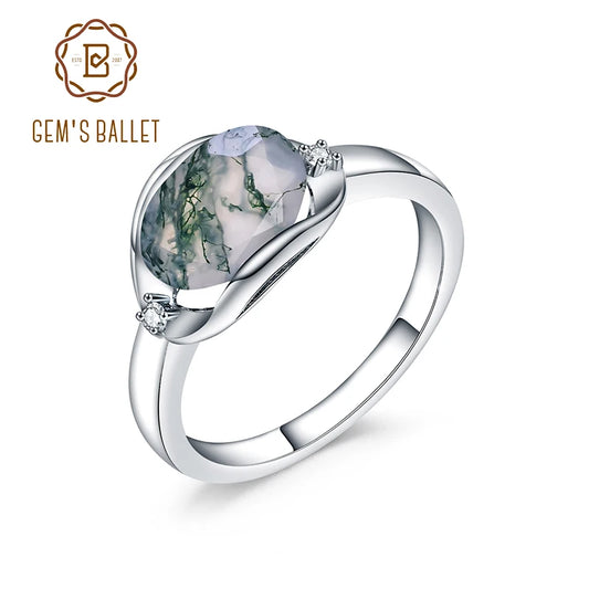 GEM'S BALLET Birthstone Dainty Ring 8X10mm Oval 2.91Ct Natural Moss Agate Gemstone Ring in 925 Sterling Silver Gift For Her