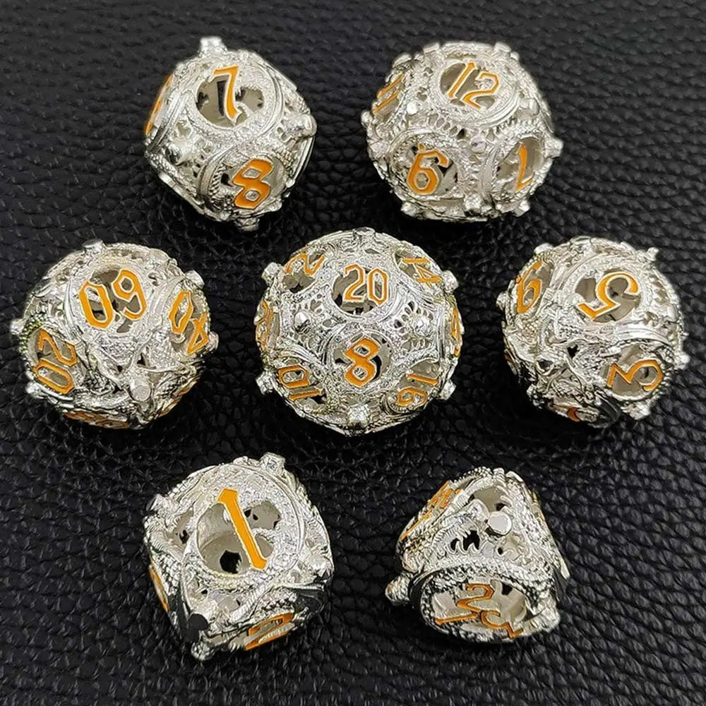 7Pcs Metal Hollow Dice Set Hollow Polyhedral Metal Dices Table Games Accessory For D&d DND D6 D8 D10 D12 D20