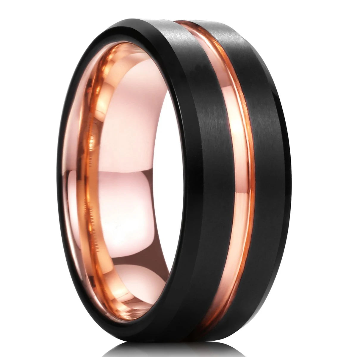Fashion 8mm Men Stainless Steel Ring Rose Gold Color Brushed Wood Inlay Rings for Men Women Wedding Band Jewelry Birthday Gifts