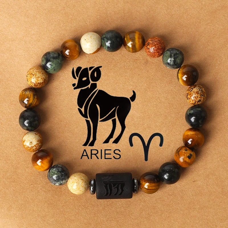 12 Zodiac Signs Constellation Charm Bracelet Men Women Fashion Tiger Eye Stone Beaded Bracelets Virgo Leo Libra Couple Jewelry
