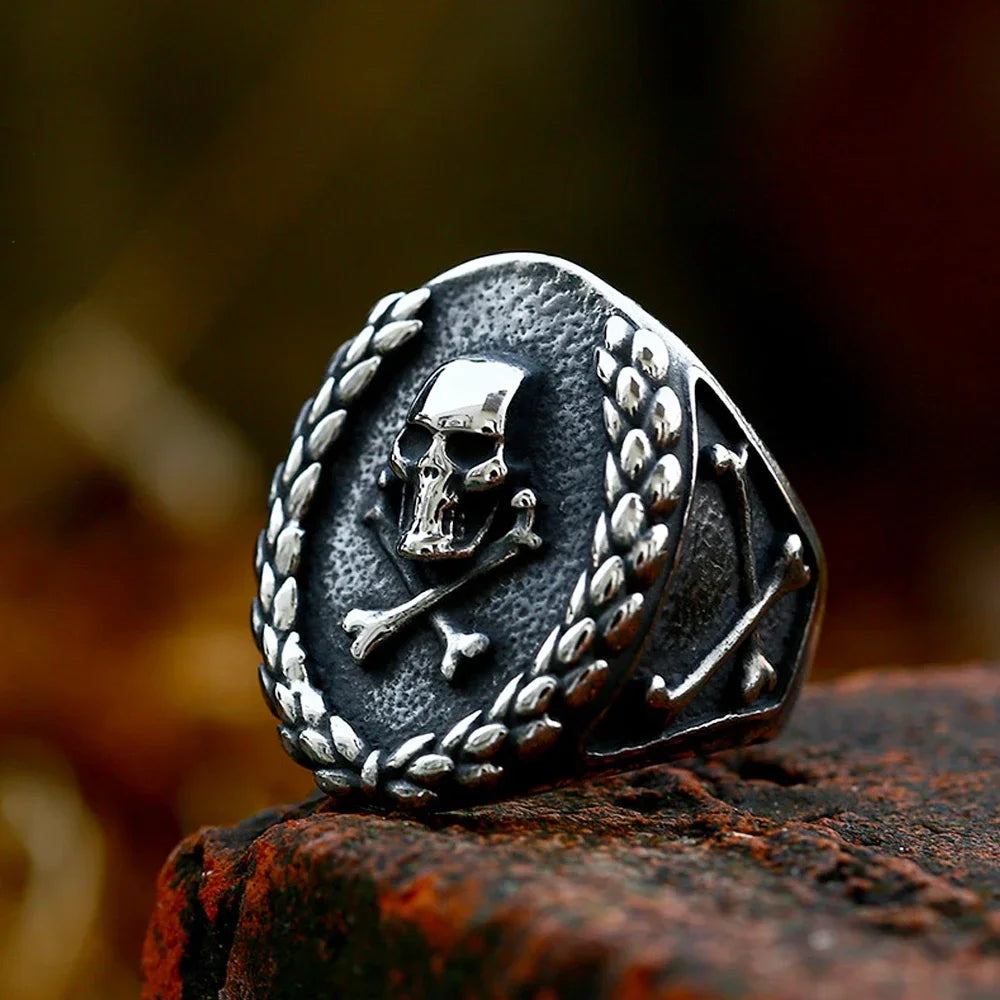 Vintage Pirate Signet Double Knife Skull Rings Men Stainless Steel Viking Compass Ring Biker Amulet Jewelry Gift Drop Shipping