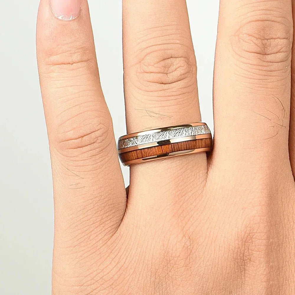 8MM Men's Koa Wood Inlay Stainless Steel Ring Unique Silver Meteorite Steel Rings For Gift Luxury Party Wedding Band Jewelry