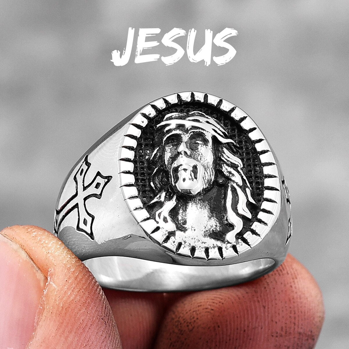 God Jesus Religion Cross Stainless Steel Men's Rings Trendy Punk Amulet for Male Boyfriend Jewelry Creativity Gift R771-Jesus-Silver