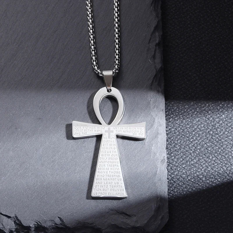 Stainless Steel Cross Letter Pendant Christian Savior Jesus Necklace Men and Women Religious Prayer Amulet Jewelry