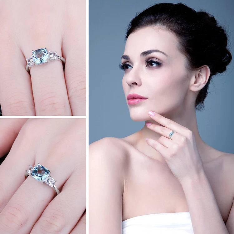 JewelryPalace 1.9ct Square Natural Sky Blue Topaz 925 Sterling Silver 3 Stone Ring for Women Gemstone Jewelry Wedding Gifts