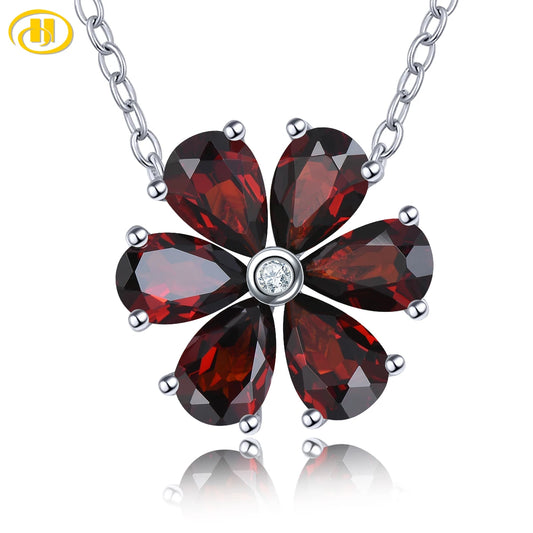 Natural Red Garnet Solid Sterling Silver Necklace 2.68 Carats Genuine Birthstone Romantic Flower Design S925 Fine Jewelry Gifts