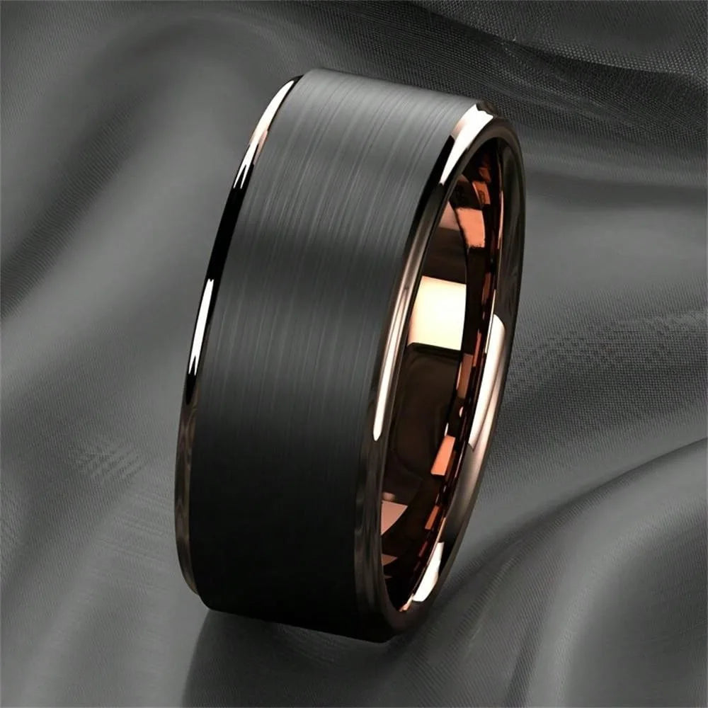 Fashion 8mm Black Brushed Stainless Steel Rings for Men Rose Gold Color Step Edge Men Promise Rings Wedding Party Jewelry Gifts
