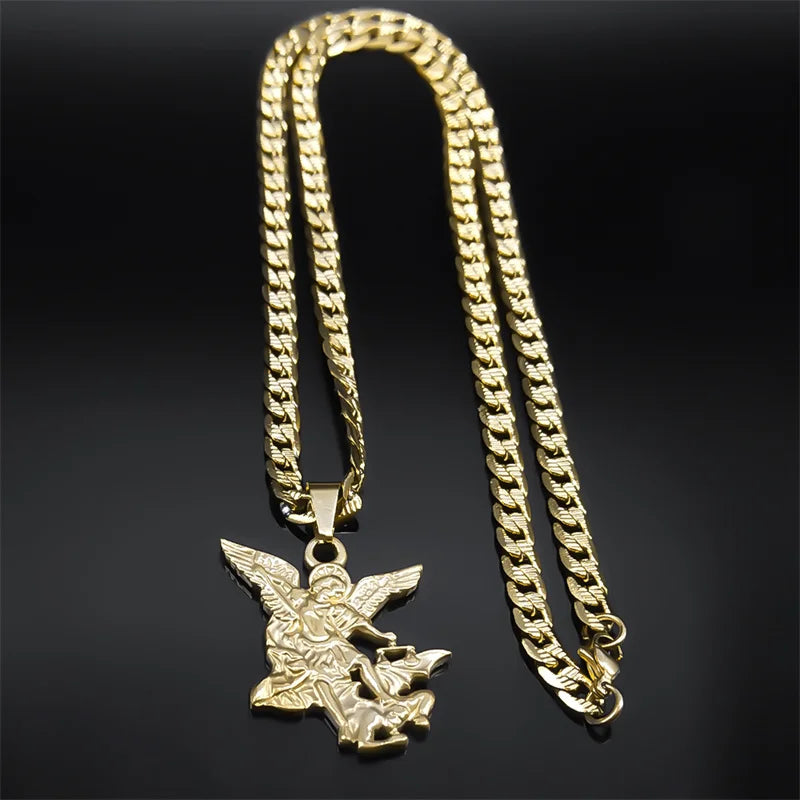SAINT MICHAEL PROTECT US Archangel Stainless Steel Pendant Necklace for Women Men Gold Color Necklace Choker Jewelry Collares