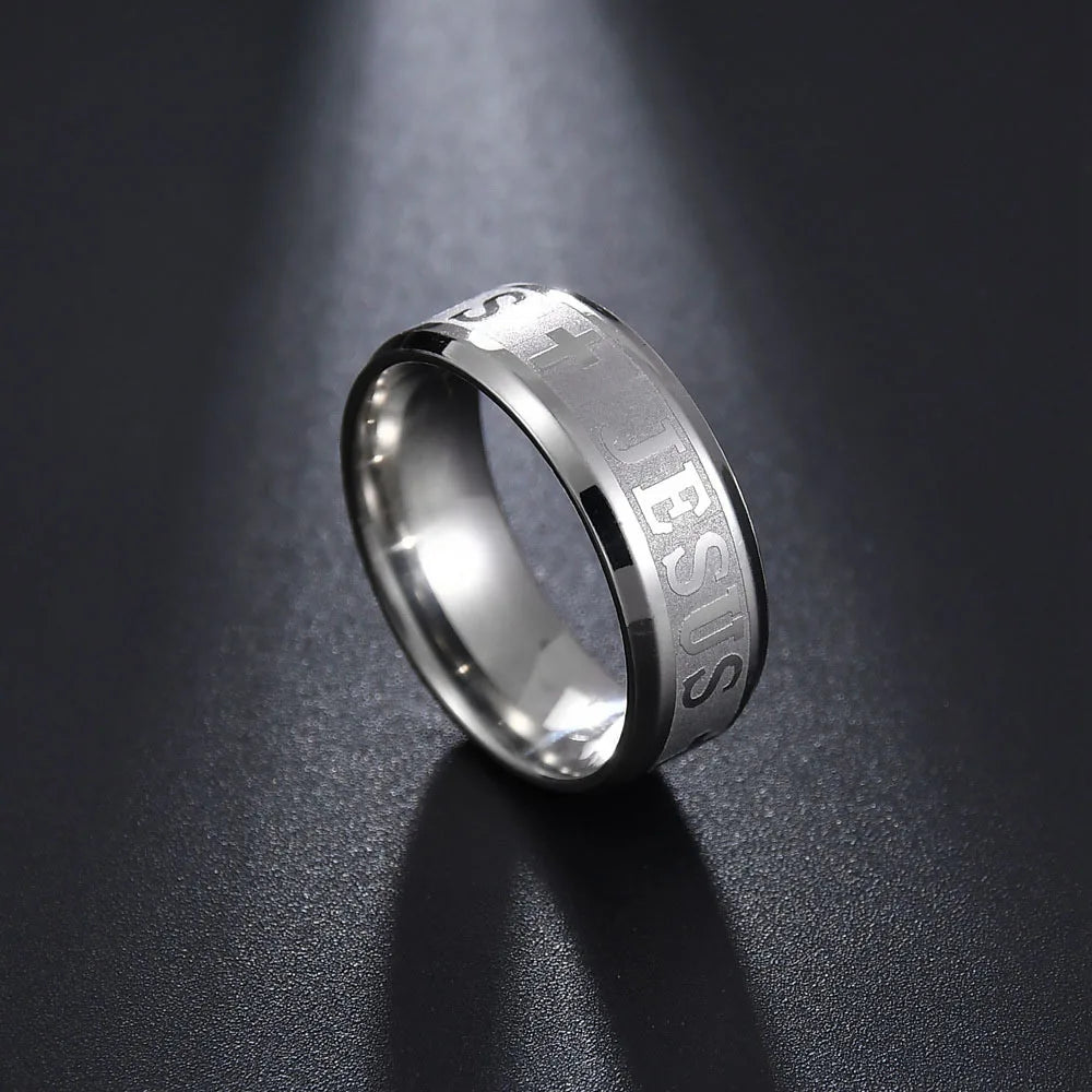 Stainless Steel Black Color Jesus Cross Letter Bible Prayer Finger Rings For Men 8mm Amulet Jewelry