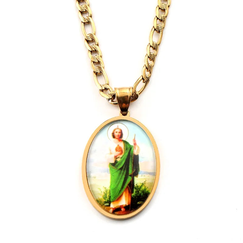 San Judas Tadeo Medal Pendant Necklace for Women Men Stainless Steel Gold Color Saints Apostle of Jesus Amulet Faith Jewelry