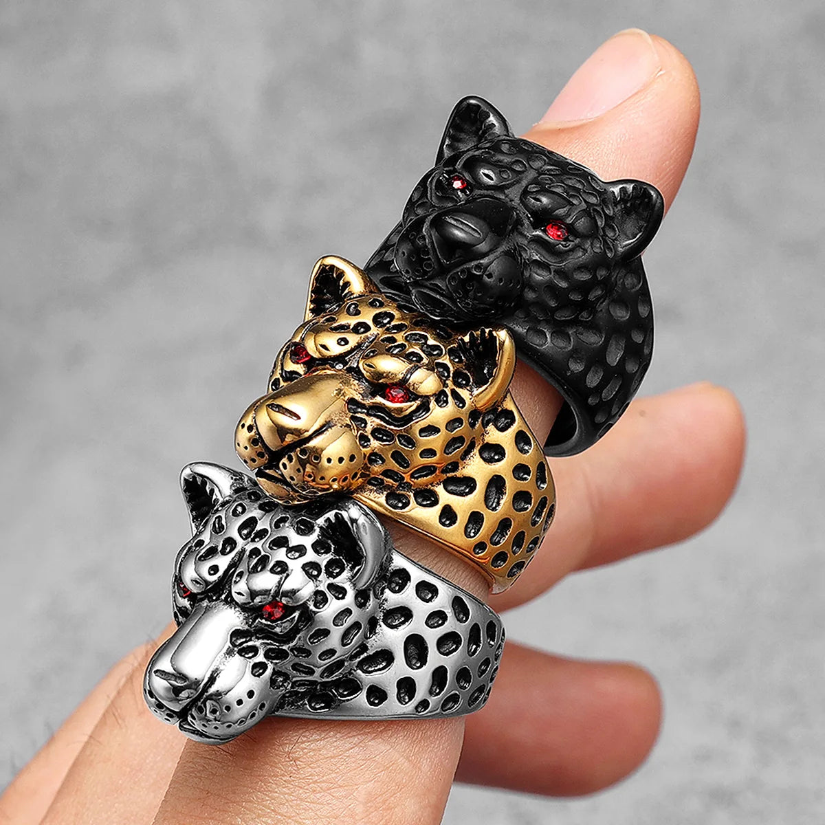 Leopard Ring Stainless Steel Men Jaguar Rings Wild Animal Punk Rock for Male Party Jewelry Halloween Accessories
