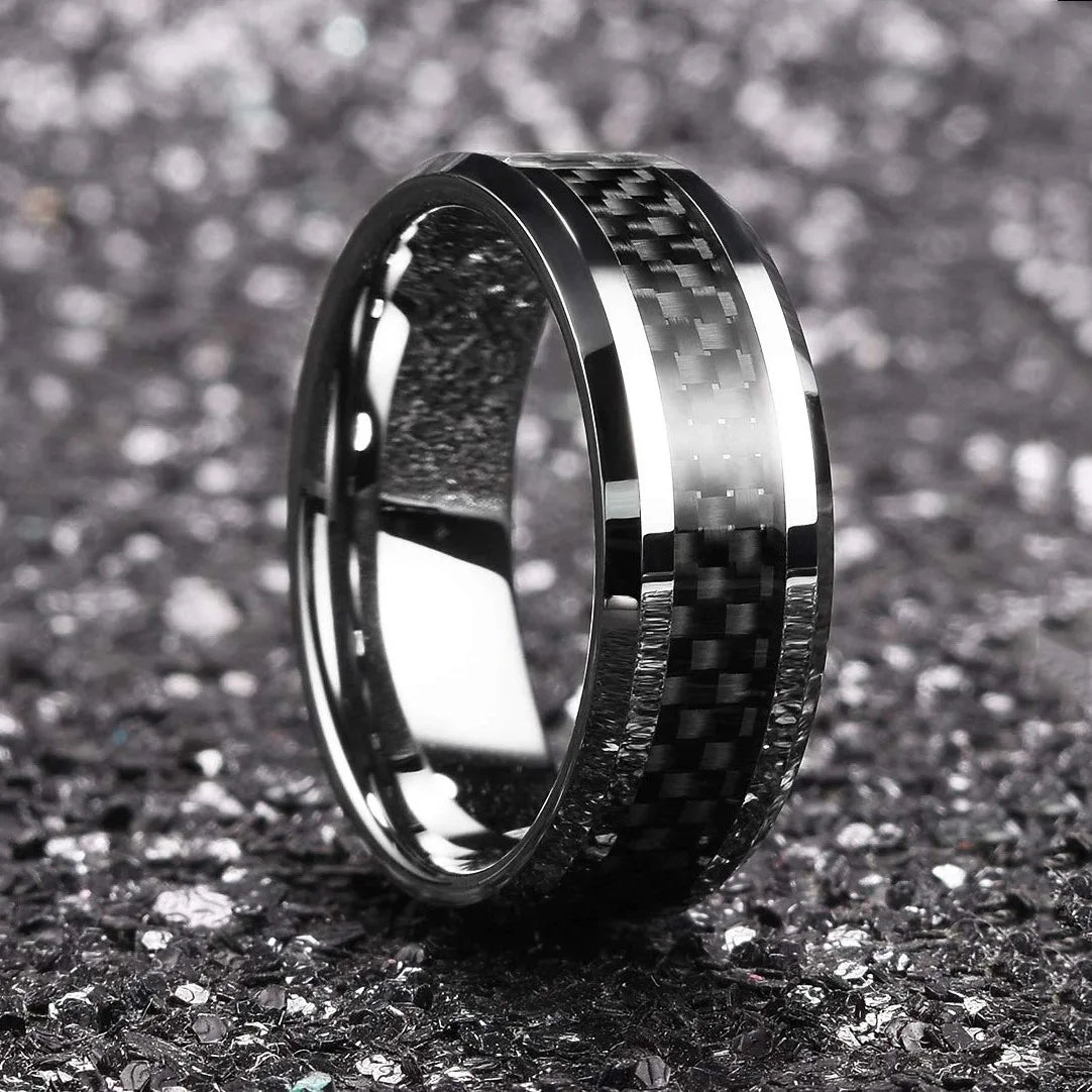 Fashion Silver Color Stainless Steel Rings for Men Black Carbon Fiber Ring Wedding Jewelry Christmas Gift Accessories