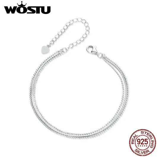 WOSTU 925 Sterling Silver Minimalist Triple-Layered Bracelet For Women Bead Chain Box Links Wedding Jewelry Girl Birthday Gift