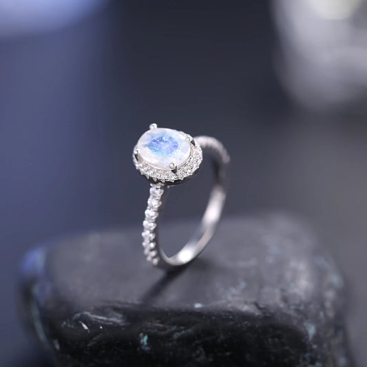 GEM'S BALLET June Birthstone Oval Milky Blue Moonstone Halo Engagement Ring in 925 Sterling Silver Dainty Promise Ring