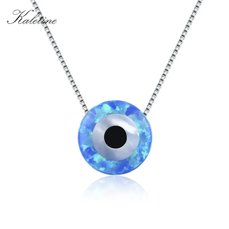 KALETINE 925 Sterling Silver Necklace Opal Lucky Hamsa Evil Eye Charm Pendant Necklaces Woman Jewelry KLTN017