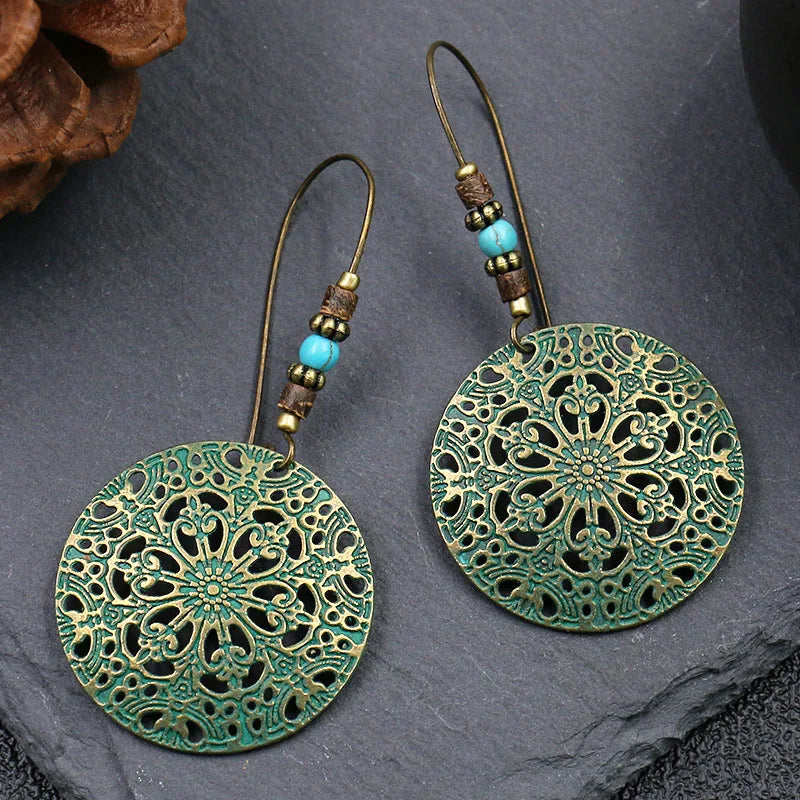 Vintage Palace Style Dangle Earrings for Women Boho Ethnic Creative Hollow Leaf Round Sun Hand Water Drop Earring Female Jewelry 1101