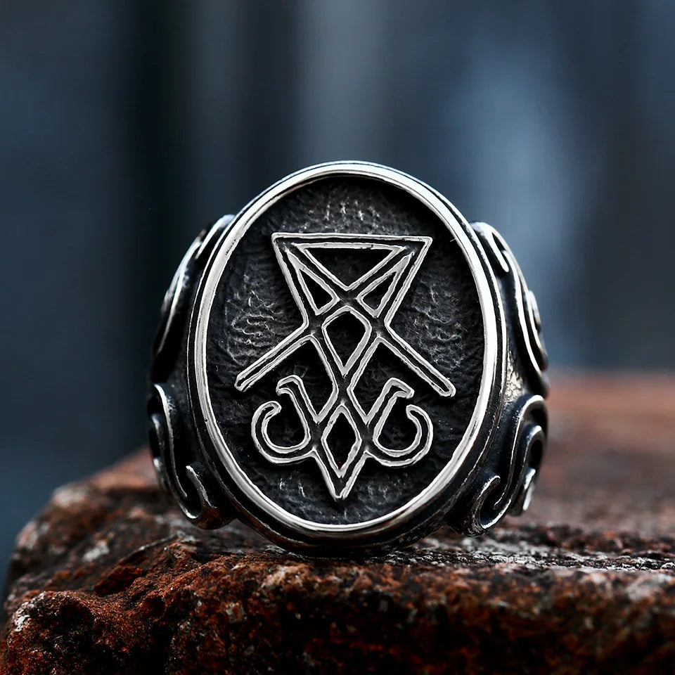 BEIER 2022 - Anillo con sello vintage de Lucifer y Satanás, diseño actualizado, estilo gótico, amuleto, brujería, wicca, joyería al por mayor