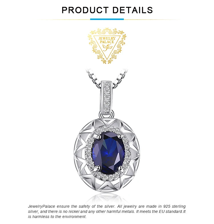 JewelryPalace Oval Cut Created Blue Sapphire 925 Sterling Silver Pendant Necklace Hollow Gemstones Women Necklace Without Chain