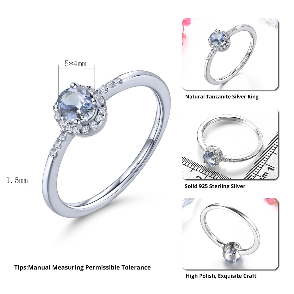 Natural Tanzanite Sterling Silver Ring Light Color 0.35 Carats Genuine Gemstone Women Daily Simple Style S925 Fine Jewelrys