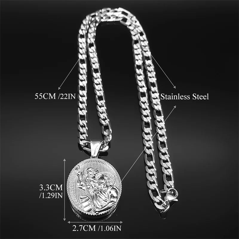 Religious ST.Christopher Protect Us Medal Necklace for Women Men Stainless Steel Silver Color Catholic Saint Chain Jewelry