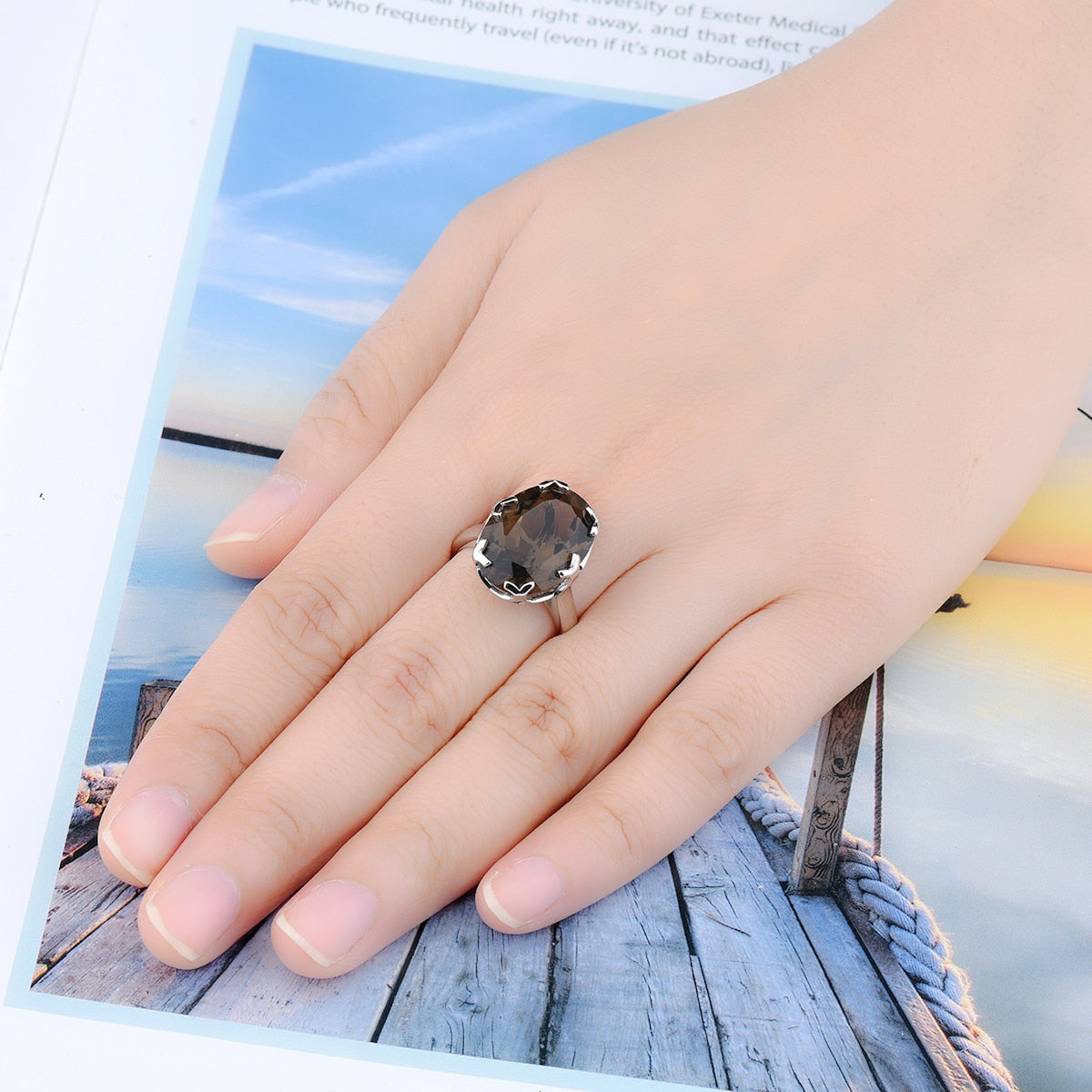 Natural Smoky Quarts Solid Sterling Silver Women Rings 11 Carats Brown Crystal Classic Simple Style Mother's Day Birthday Gifts