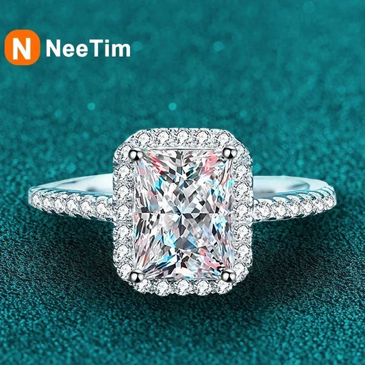 NeeTim 2 Carat Moissanite Ring for Women Emerald Radiant Cut Diamond Sterling Silver 925 with 18KGold Plated Wedding Bridal Band