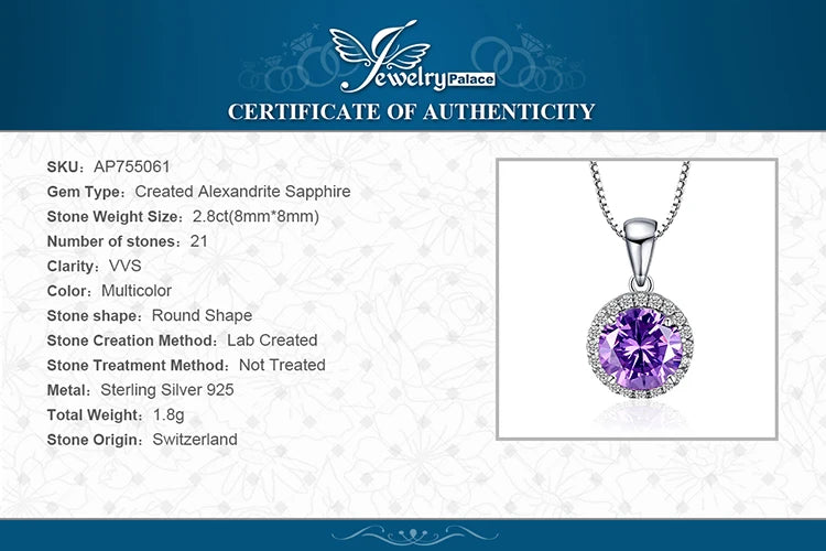 JewelryPalace 2.97ct Round Created Alexandrite Sapphire 925 Sterling Silver Pendant Necklace for Women Gemstone Choker No Chain