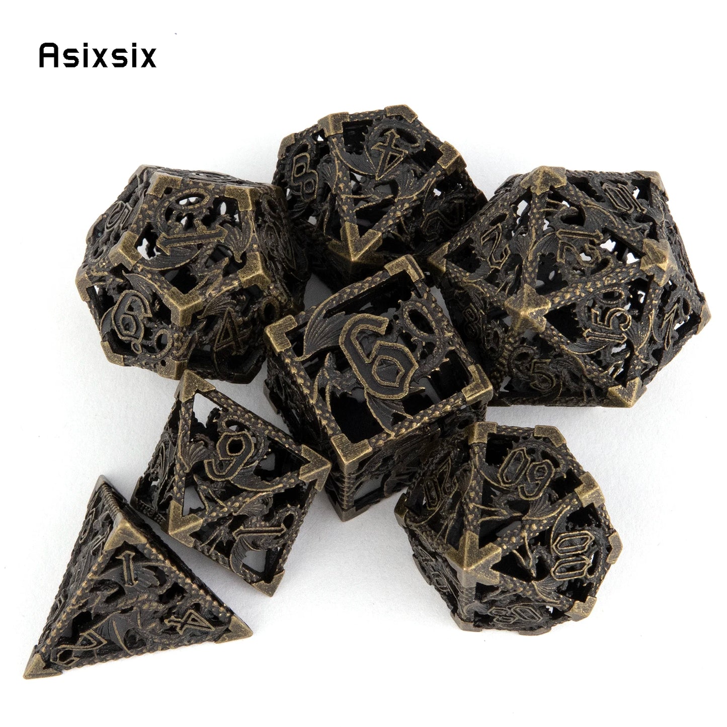 7 Pcs Black Flying Dragon Metal Dice Hollow Metal Polyhedral Dice Set Suitable for Role-Playing RPG Board Game Card Game