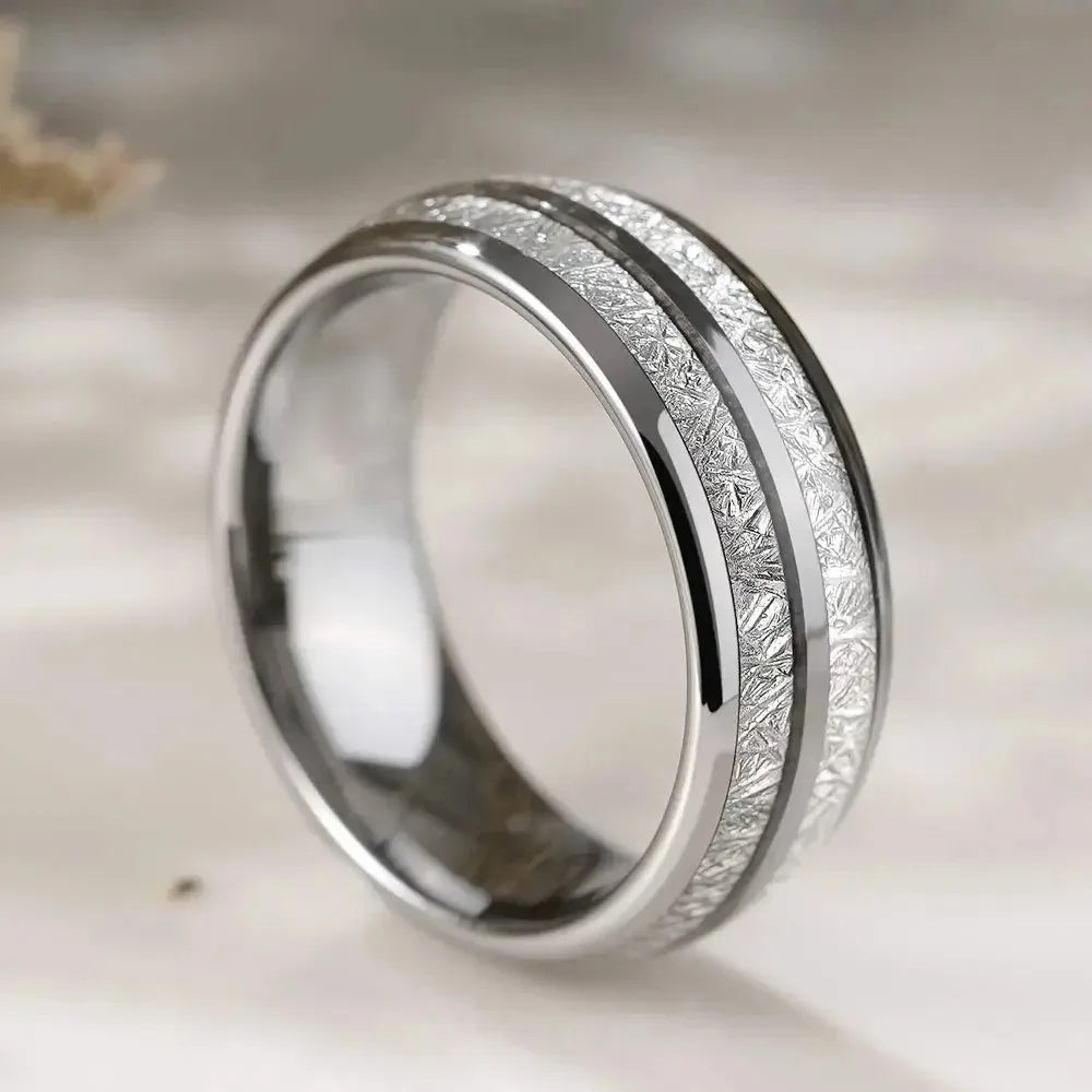Fashion 8mm Silver Color Stainless Steel Rings for Men Double Groove Meteorite Inlay Dome Men Finger Ring Wedding Band Jewelry
