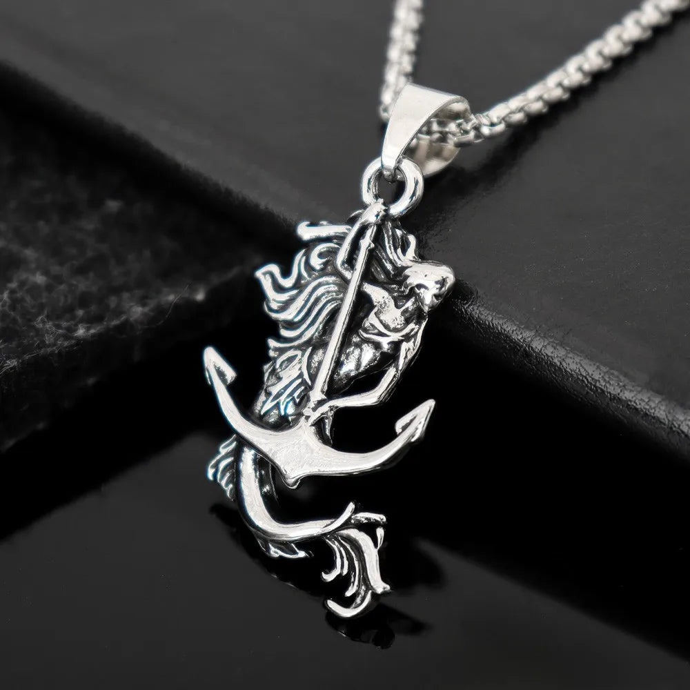 New Vintage Mermaid Anchor Pendant Charm Men's Necklace Fashion Hip Hop Punk Jewelry Accessories Party Gift Wholesale