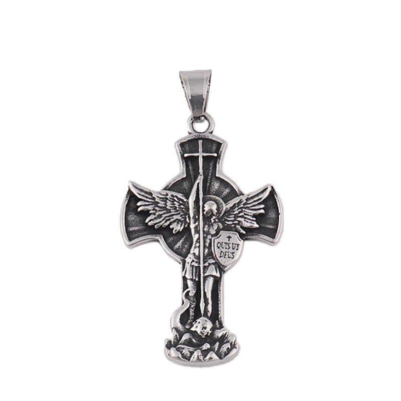 Retro Stainless Steel Saint Michael Pendant Chain Popular Charm Lucky Cross Necklace Amulet Jewelry Wholesale Man or Women Gift